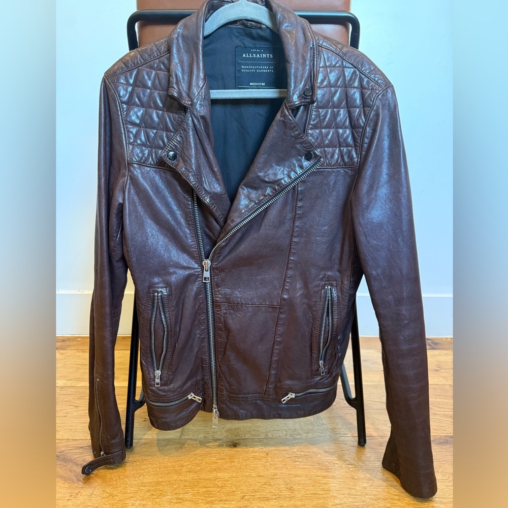 AllSaints Brown Leather Moto Biker Jacket Quilted Shoulders Size M